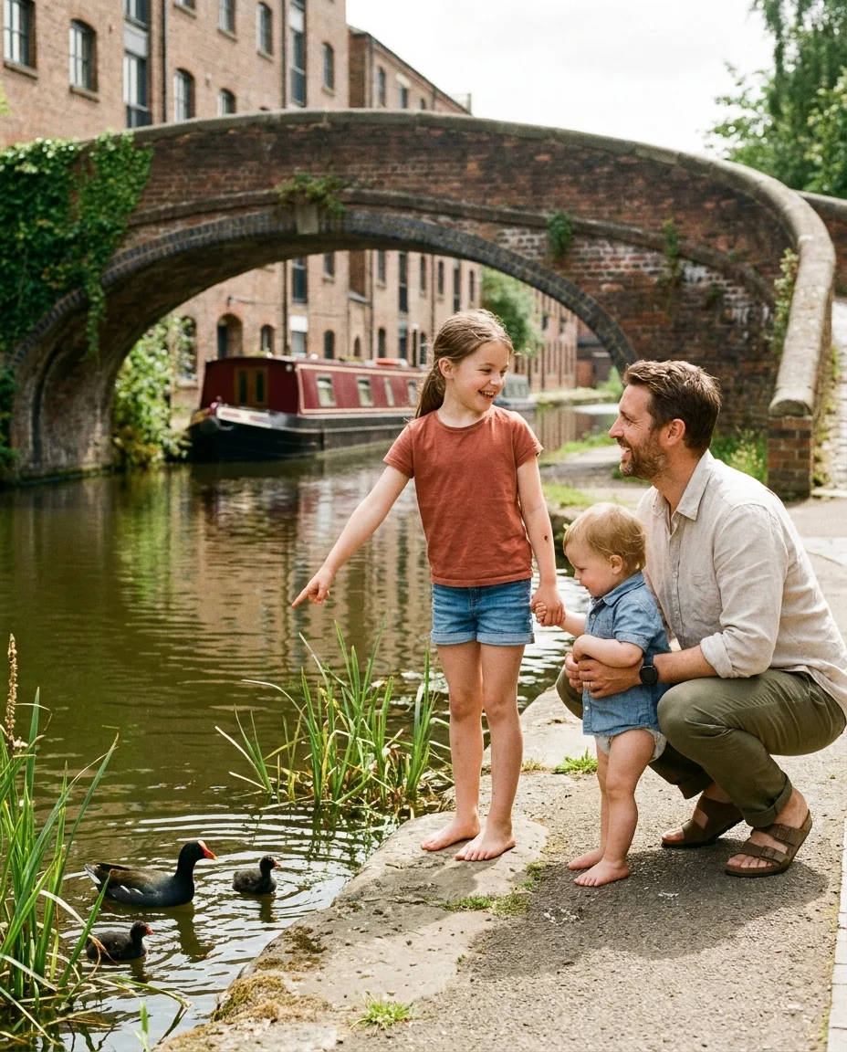 Two children and their father at the edge of a British city canal towpath in summer, a dark-red narrowboat and an ivy-covered Victorian brick footbridge behind them, converted warehouse flats beyond. A girl of about eight points down at a moorhen and her two small black chicks paddling among the reeds at the water's edge, turning to call excitedly to her father, who crouches beside her grinning. A toddler holds her hand and leans in to look.