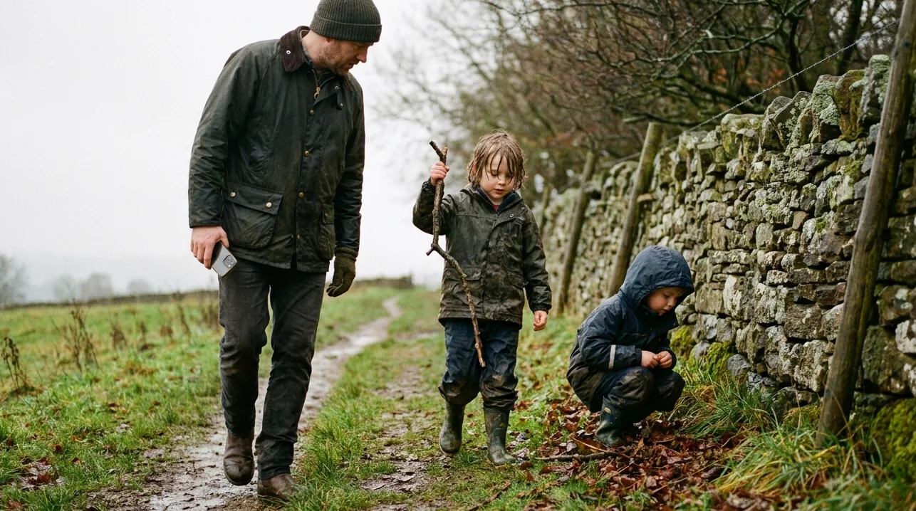 A parent in a waxed cotton jacket and woolly hat walking along a muddy path beside a drystone wall in the Peak District on a soft overcast November day, with two children a few steps ahead in waterproofs and wellies. One child is lifting a stick, the other is crouched by the wall examining something small. Wet grass, wet bark, diffuse grey sky.