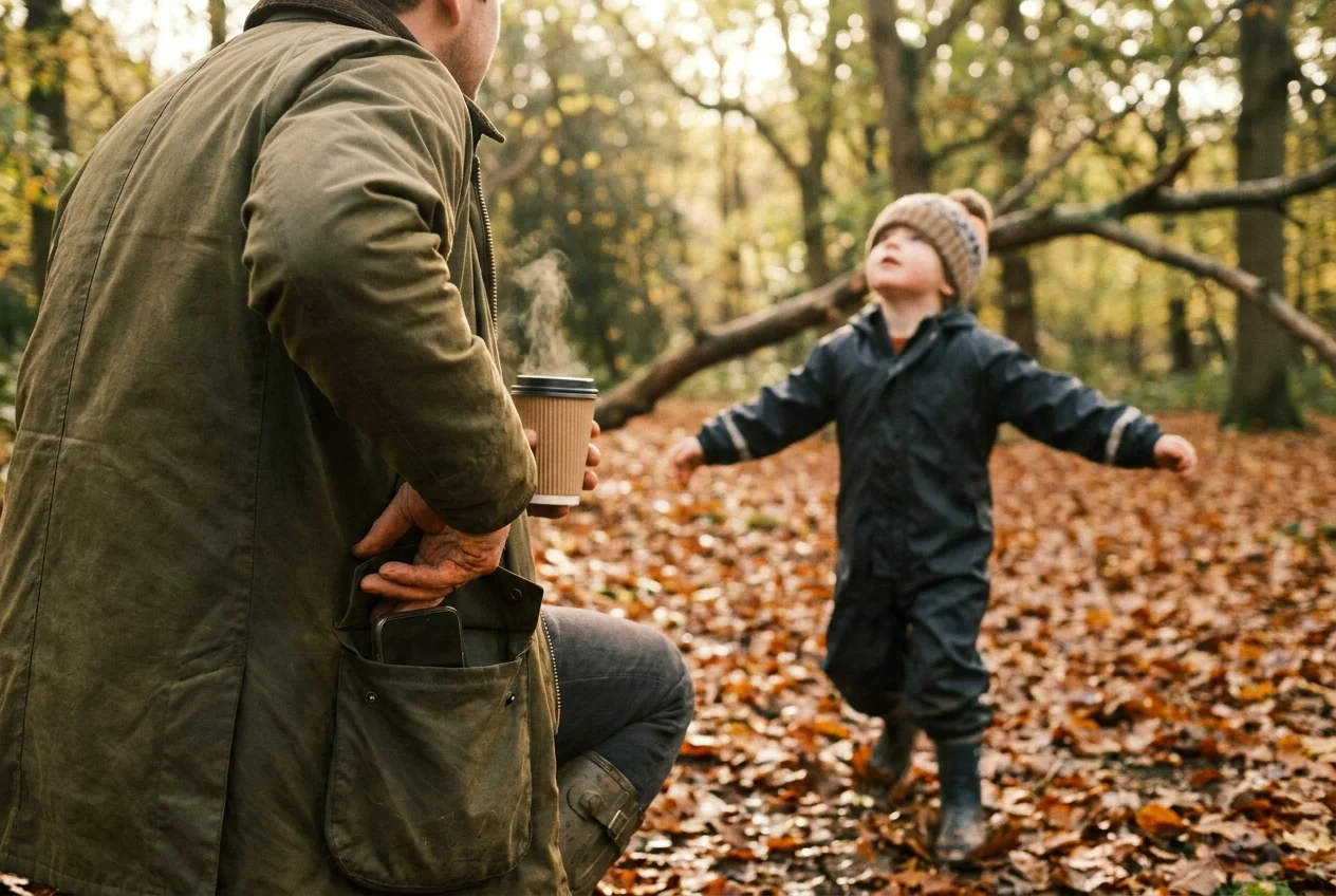 A close over-the-shoulder view of a parent walking through an autumn park, the top of a dark-themed phone just visible in the pocket of their moss-green field jacket. A child in the middle distance runs toward a fallen branch with arms wide, head tilted back looking up at the canopy. Warm low sunlight on leaf litter.