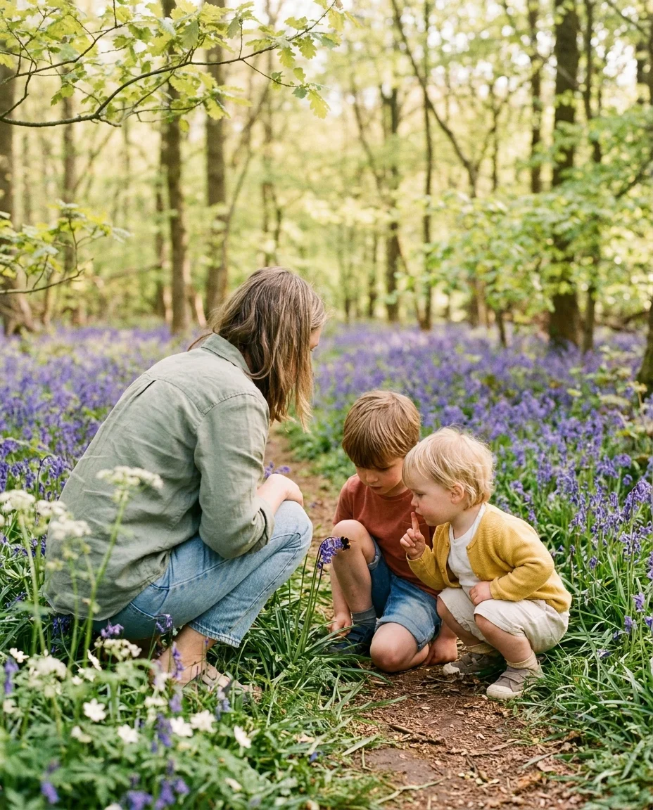 A mother and her two young children crouched low together on a narrow footpath through a British bluebell wood in mid-April, a carpet of deep violet-blue English bluebells stretching away on either side of the path. Pale green oak and beech canopy in fresh leaf overhead, dappled sunlight filtering through. All three heads bowed toward a bumblebee working a single bluebell flowerhead at the path edge. Mother in a sage-green linen shirt with sleeves rolled and faded denim; older child in a soft terracotta cotton tee and denim shorts; younger child in a butter-yellow cardigan over a white tee. Bare arms, a spring suntan. No phone in sight.