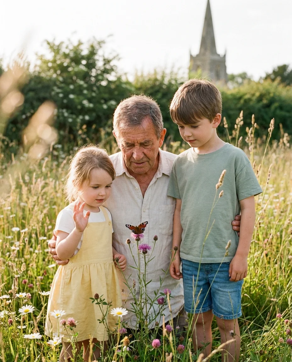 A grandfather and his two young grandchildren standing shoulder-to-shoulder at the edge of a British wildflower meadow in late June, long golden late-afternoon light, a hawthorn hedgerow and a distant stone church spire visible in the soft background. All three faces turned toward a peacock butterfly resting wings-open on a purple knapweed flowerhead at chest height; one child's hand half-raised in a slow, careful don't-scare-it gesture. Grandfather in an ecru linen shirt with sleeves rolled, faded olive cotton trousers and a soft bucket hat. Older child in a sage-green cotton tee and washed-denim shorts; younger child in a butter-yellow pinafore dress. Bare arms and legs, mild summer suntan. Ox-eye daisies and meadow grasses in soft motion blur. No phone anywhere.