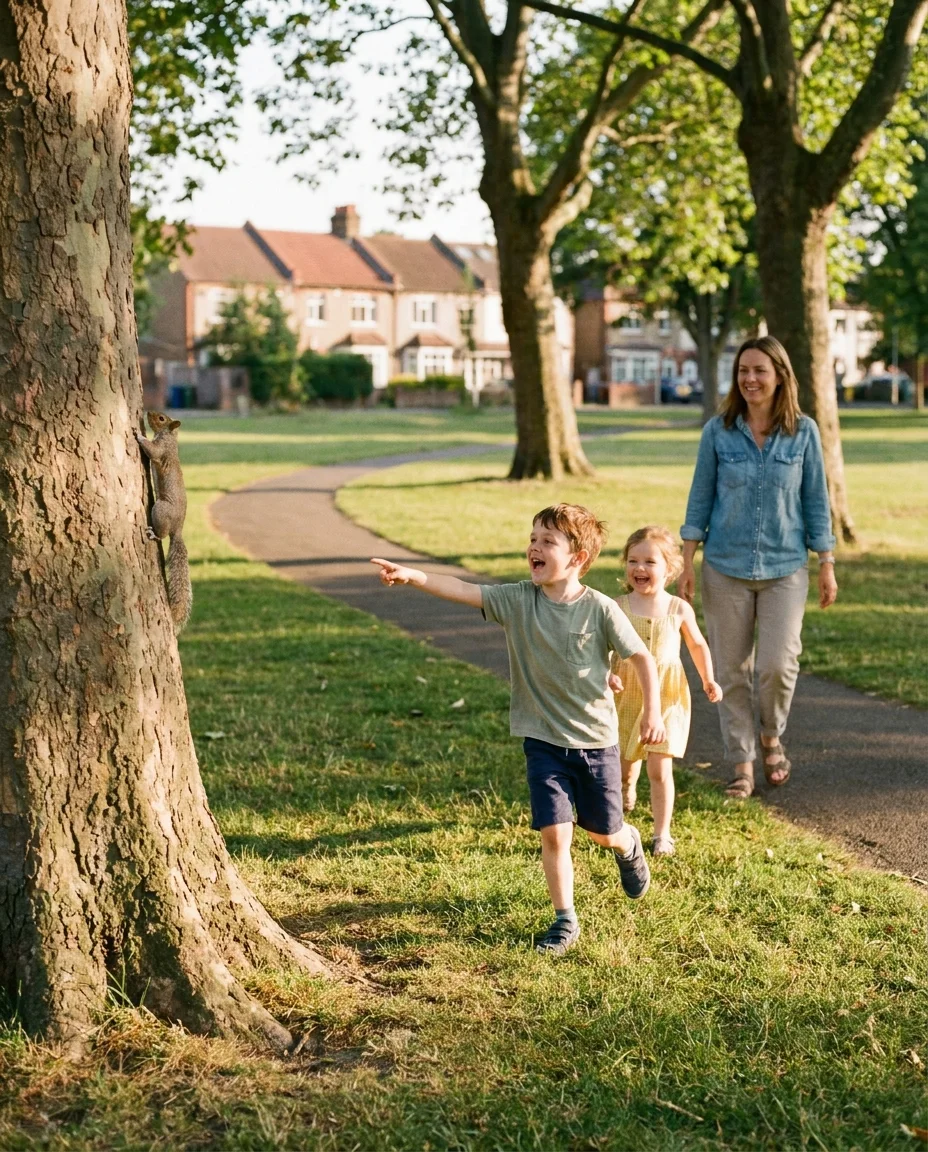 A boy of about seven runs across the mown grass of a British urban park on a bright summer afternoon, one arm flung out pointing at a grey squirrel scrambling up the trunk of a plane tree, his mouth open in a delighted shout. His younger sister, about five, in a yellow sundress, chases after him laughing, and their mother walks a few paces behind, smiling. Terraced-house rooftops and mature trees behind, a tarmac path curving through the park.