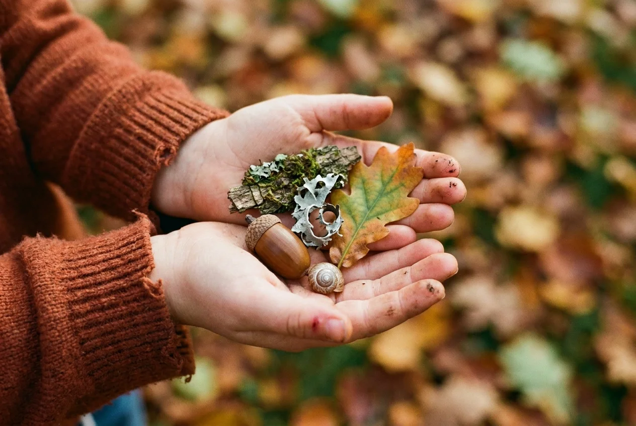 A young child's two hands held out palm-up, cupping a small collection of things found on a walk: an acorn with its cap still on, a fragment of mossy bark, a curl of silver-gray lichen, an oak leaf turning from green to amber, and a tiny whorled snail shell. The child's sleeve is a rust-colored wool sweater. Blurred fall leaf litter behind.
