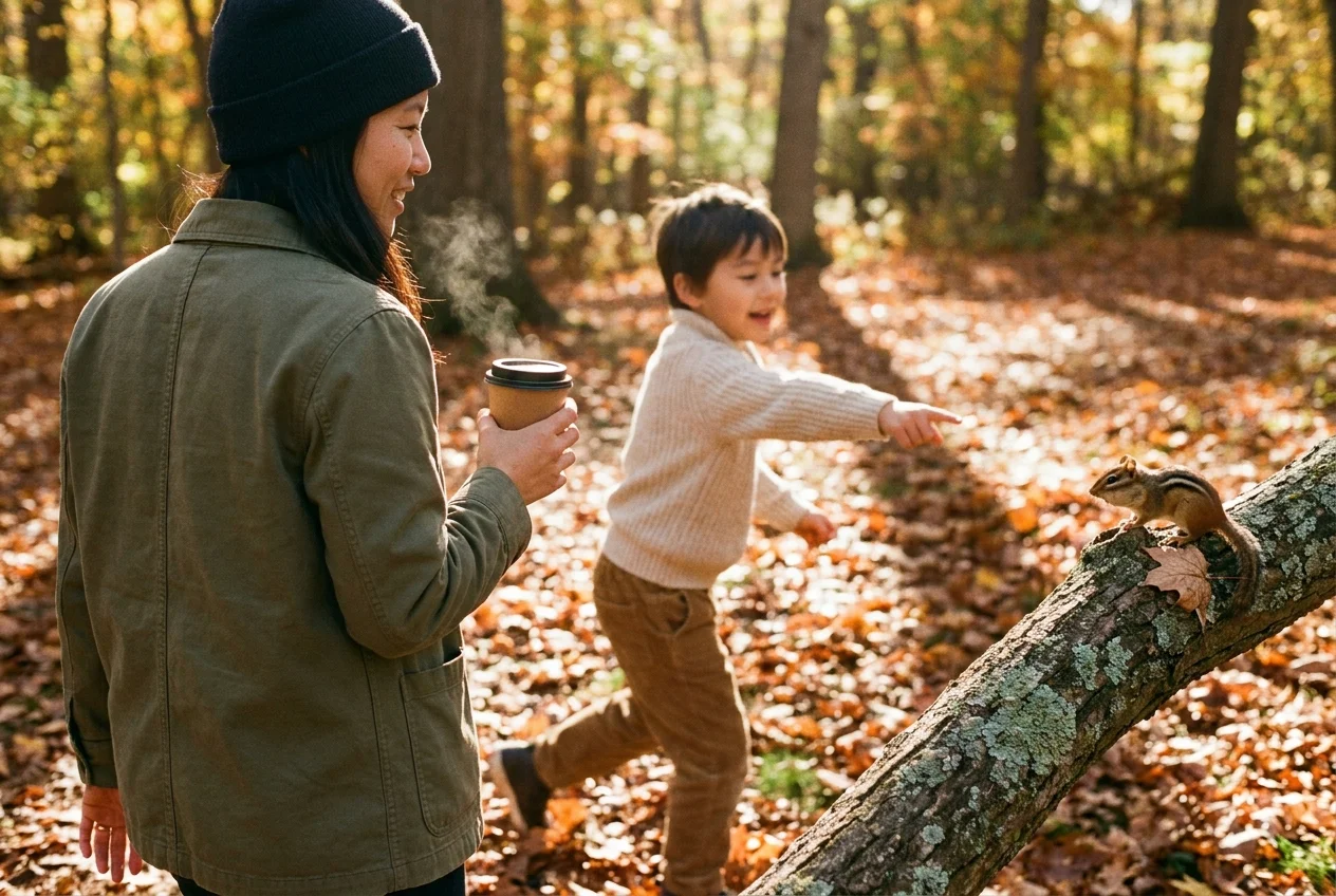 A close over-the-shoulder view of a mother walking through a fall park holding a paper cup of coffee with steam rising, her other hand empty and loose at her side. A child in the middle distance runs toward a fallen sugar-maple branch, arm outstretched and pointing at a chipmunk with cheek pouches full frozen mid-scramble on the bark. Warm low sunlight on leaf litter.