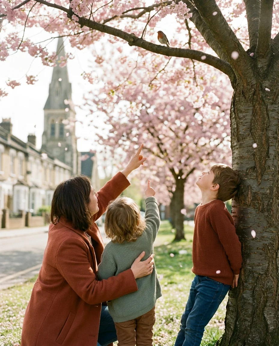 A mother in a terracotta coat down on one knee on the grass beneath a cherry tree in full pink spring blossom, her arm around a small child in a sage-green cardigan. She is pointing up at a specific branch where a small robin is perched among the blossom; the child is mirroring the gesture with a small outstretched arm, eyes on the same bird. An older child in a rust-colored sweater stands close at the tree trunk, one hand resting on the bark, head tilted sharply back to track the same robin. A row of brick brownstones and a white-steepled church visible through the trees in the background, petals drifting across the whole scene.