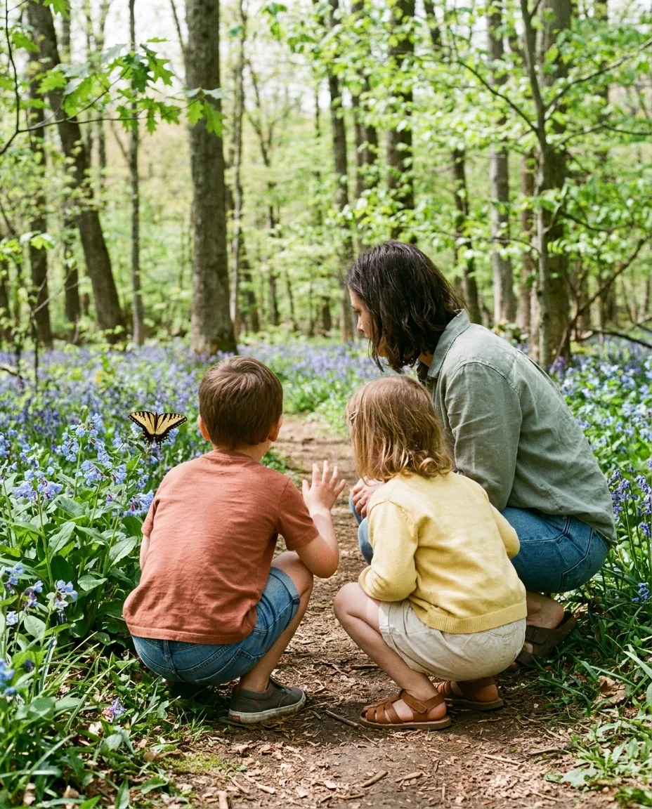 A mother and her two young children crouched low together on a narrow woodland path through a Mid-Atlantic hardwood forest in late April, a carpet of sky-blue Virginia bluebells stretching away on either side of the path. Pale green oak, beech and tulip poplar canopy in fresh leaf overhead, dappled sunlight filtering through. All three heads bowed toward an eastern tiger swallowtail butterfly resting wings-open on a single bluebell flowerhead at the path edge. Mother in a sage-green linen shirt with sleeves rolled and washed denim; older child in a soft terracotta cotton tee and denim shorts; younger child in a butter-yellow cardigan over a white tee. Bare arms, a spring suntan.