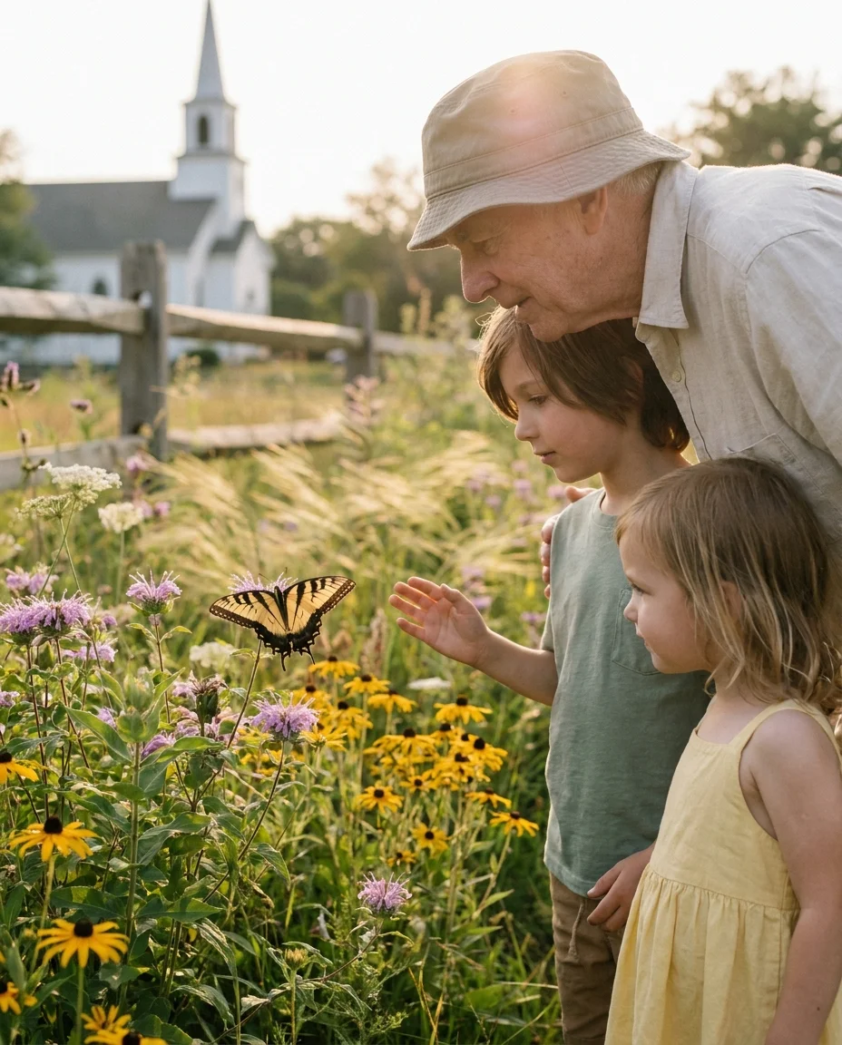A grandfather and his two young grandchildren standing shoulder-to-shoulder at the edge of a New England wildflower meadow in late June, long golden late-afternoon light, a wooden split-rail fence and a distant white clapboard church steeple visible in the soft background. All three faces turned toward an eastern tiger swallowtail butterfly resting wings-open on a purple bee balm flowerhead at chest height; one child's hand half-raised in a slow, careful don't-scare-it gesture. Grandfather in an ecru linen shirt with sleeves rolled, faded olive cotton pants and a soft bucket hat. Older child in a sage-green cotton tee and washed-denim shorts; younger child in a butter-yellow sundress. Bare arms and legs, mild summer suntan. Black-eyed Susans and meadow grasses in soft motion blur.