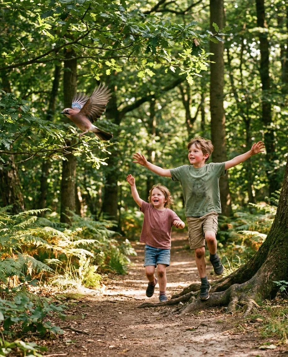 Two children racing down a dappled British woodland path in full summer leaf, ferns along the edges. The older child, about eight, is caught mid-leap over a tree root with both feet off the ground and arms flung wide, laughing; the younger, about six, runs just behind with one arm reaching up. Both are looking up at a jay, its blue-flashed wings spread, lifting from a low branch into the green canopy.