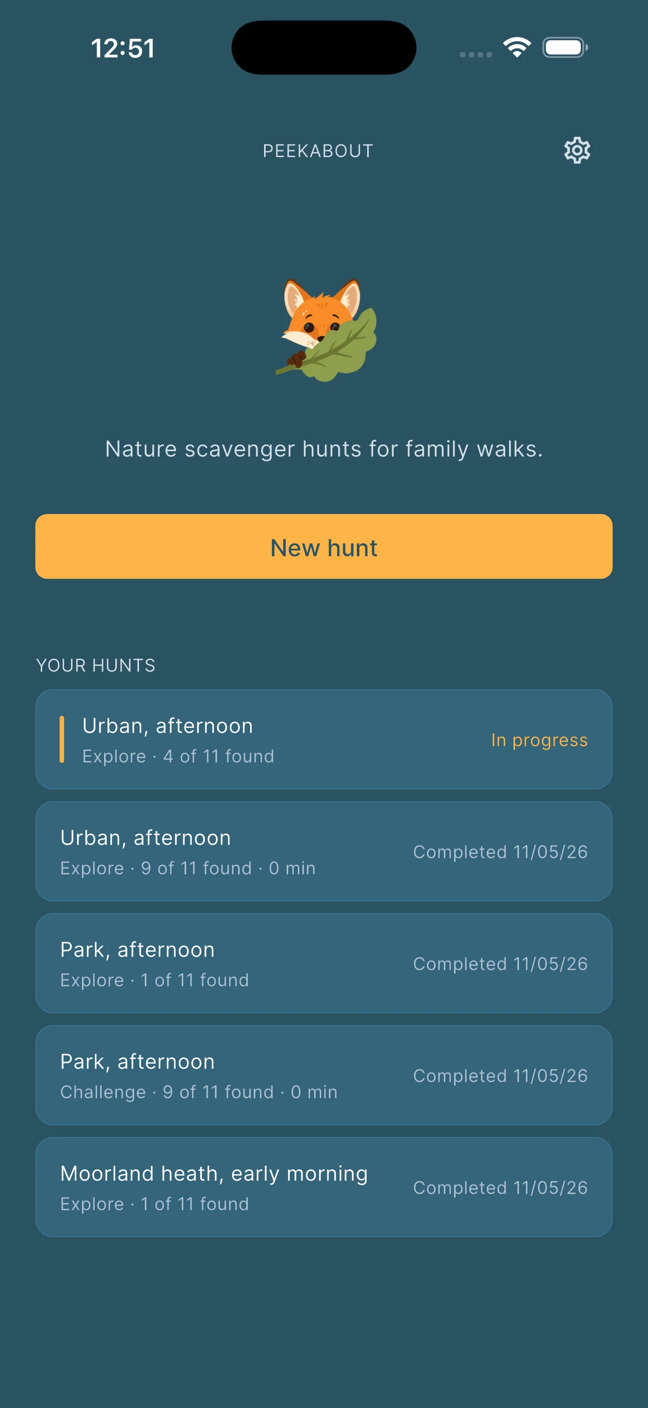 Peekabout home screen with the fox icon, a New Hunt button and a Your Hunts list of five walks: one in-progress Urban afternoon at four of eleven found, plus four completed walks across Urban, Park and Moorland heath