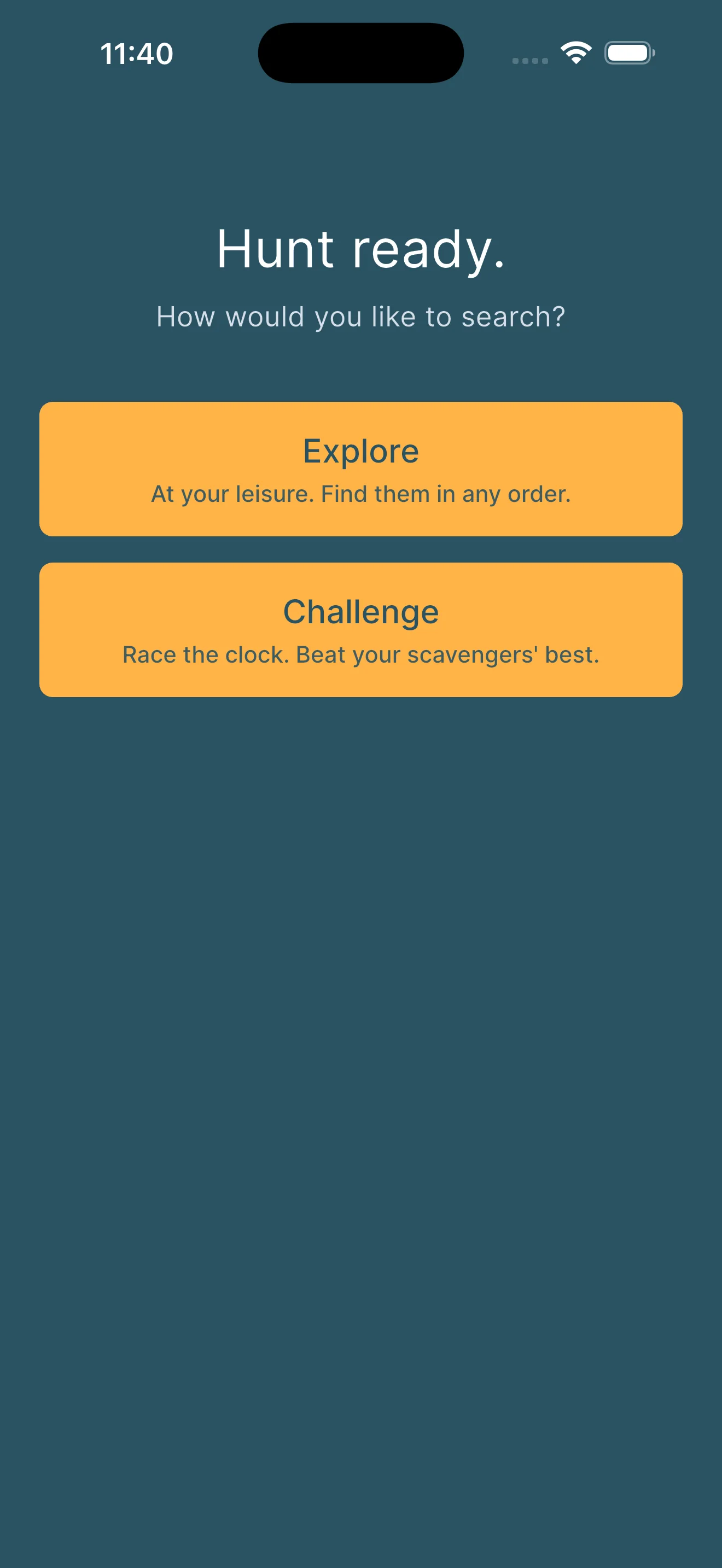 Hunt ready screen asking how would you like to search, with two golden buttons: Explore labelled at your leisure find them in any order, and Challenge labelled race the clock beat your best