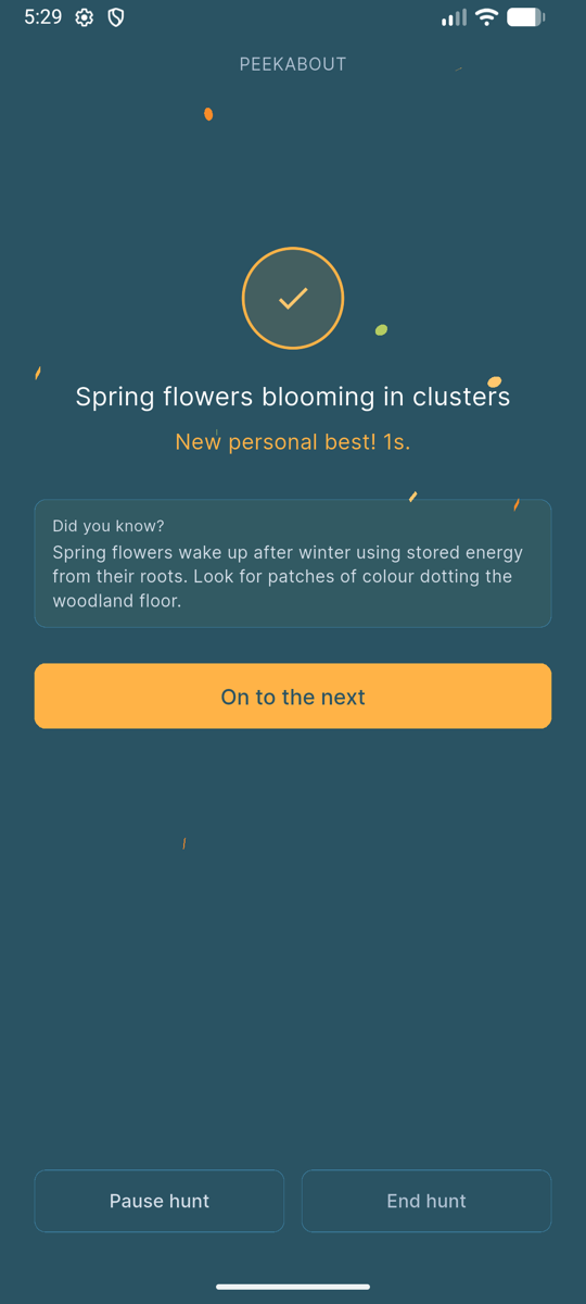 Item found screen showing confetti, Spring flowers blooming in clusters with a new personal best of 1 second, and a Did You Know fact about spring flowers using stored energy from their roots