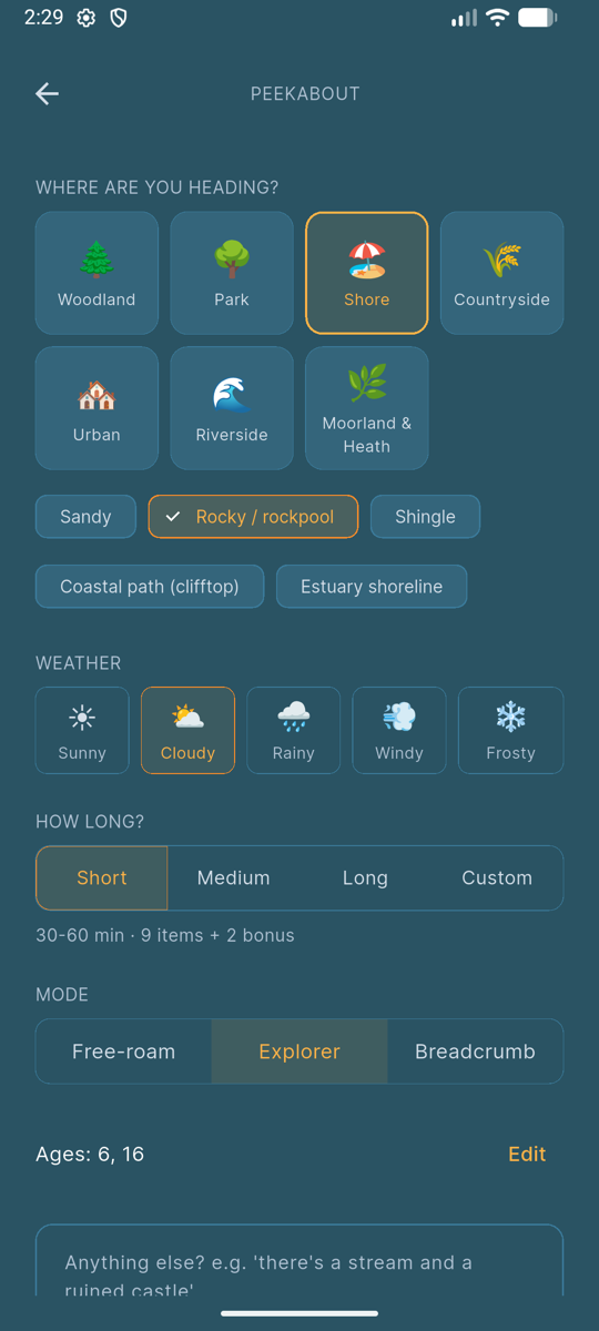 Hunt setup screen with Shore selected, Rocky rockpool sub-biome, Cloudy weather, Short duration, and Explorer mode chosen for ages 6 and 16