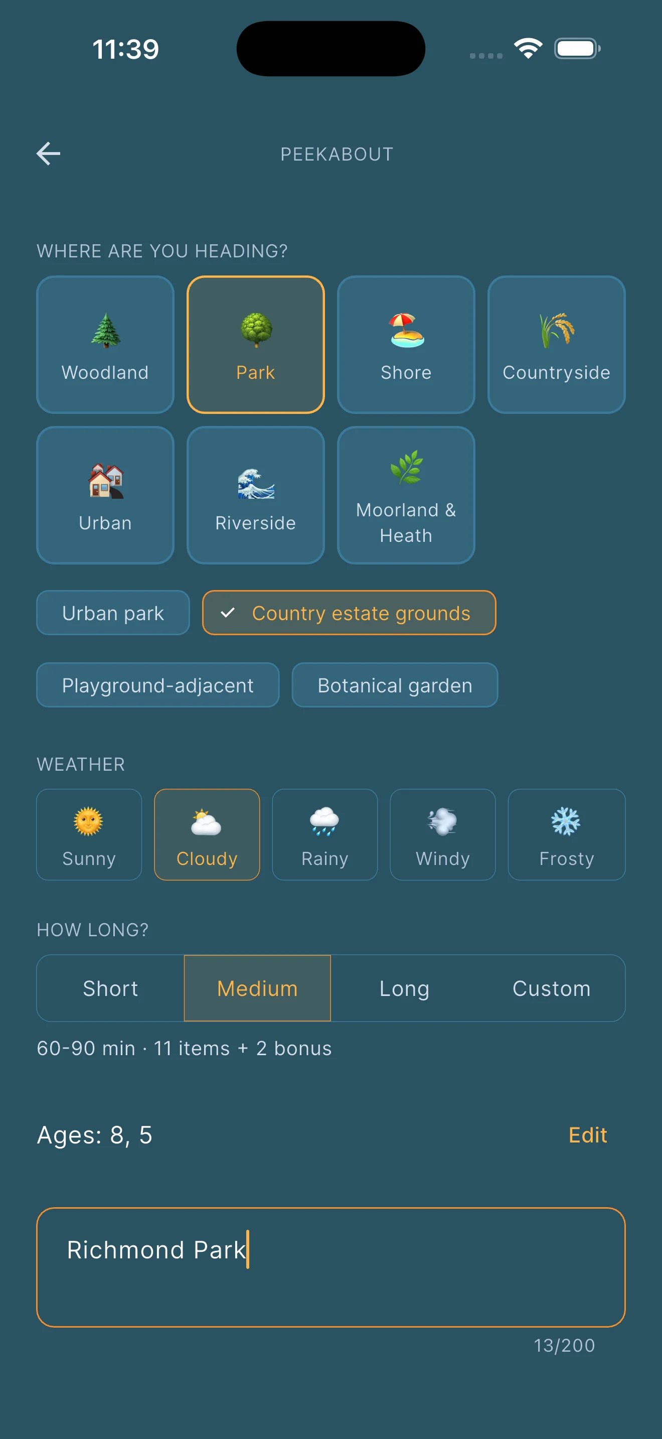 Hunt setup screen with Park selected, Country estate grounds sub-biome, Cloudy weather, Medium duration, Ages 8 and 5, and the words Richmond Park typed into the free-text field