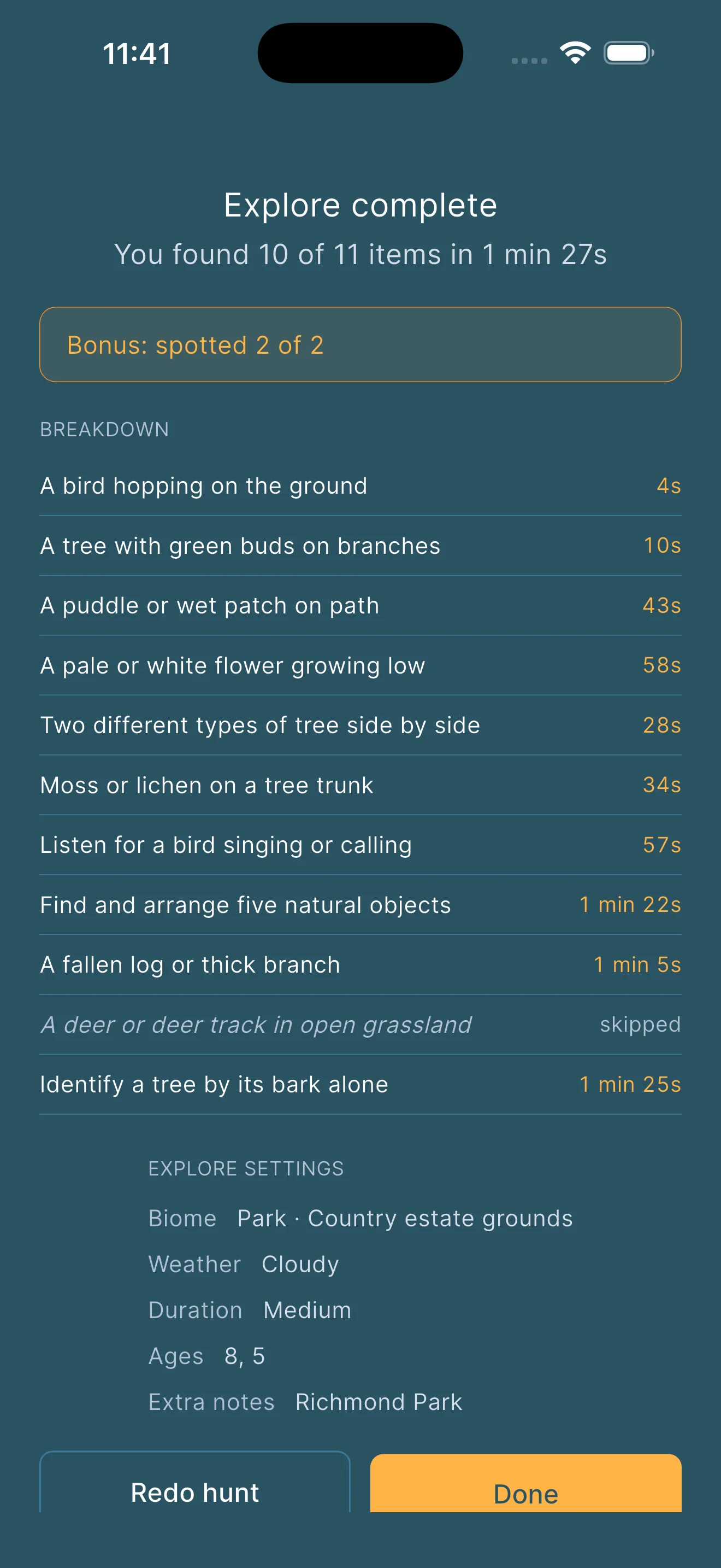 Explore complete summary showing ten of eleven items found in one minute twenty-seven seconds, bonus two of two spotted, per-item times for a bird hopping on the ground, moss on a tree trunk, a fallen log, identifying a tree by its bark and more, plus an Explore Settings panel listing Park, Country estate grounds, Cloudy, Medium, Ages 8 and 5 with extra notes Richmond Park